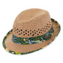 Tan fedora hat with a dinosaur print featuring UPF 50+, Adjustable.