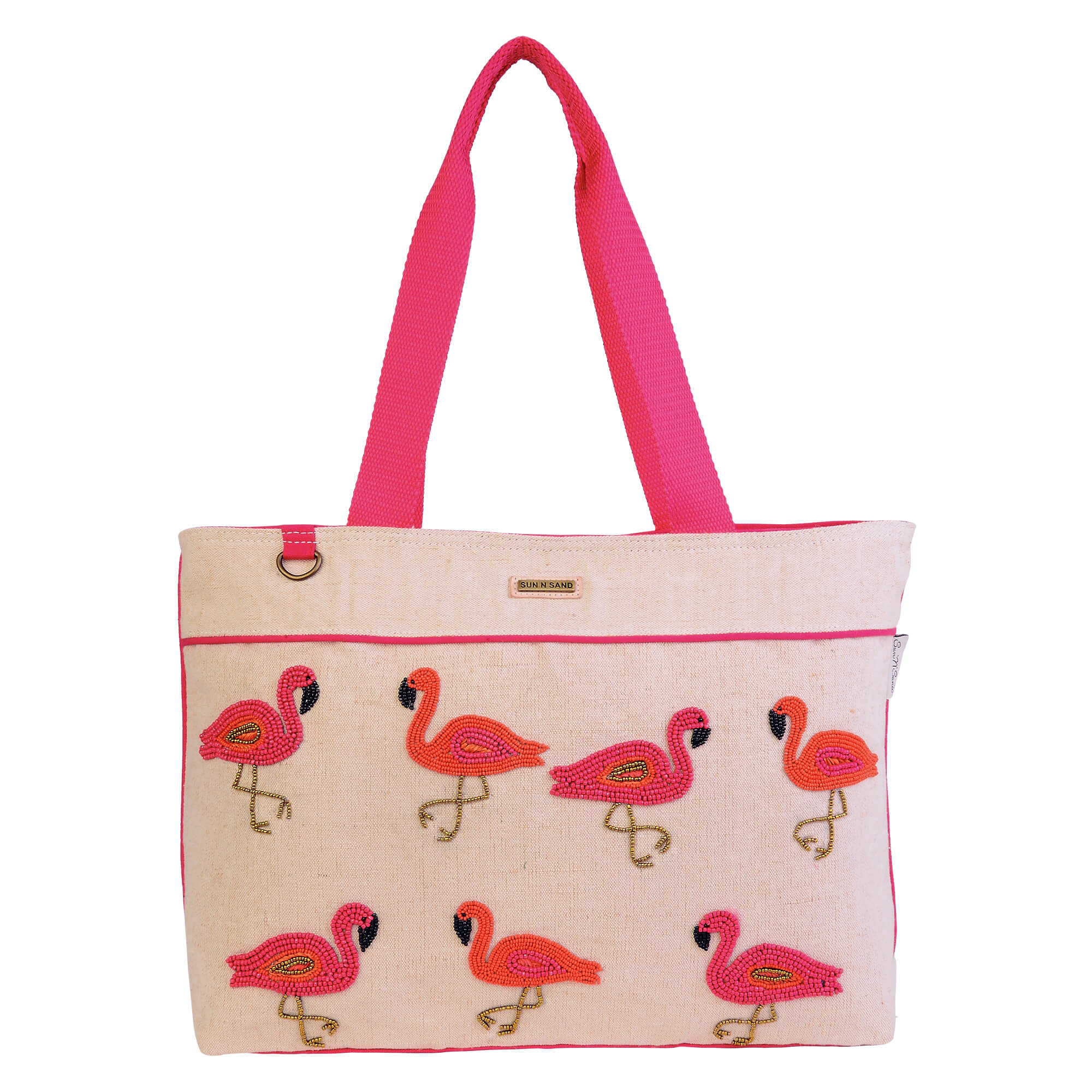 【SHALOM】関税/送料込み SHIMMERY TOTE Natural, Shoulder Tote Beaded Flamingo | SNS6650 A | Canvas