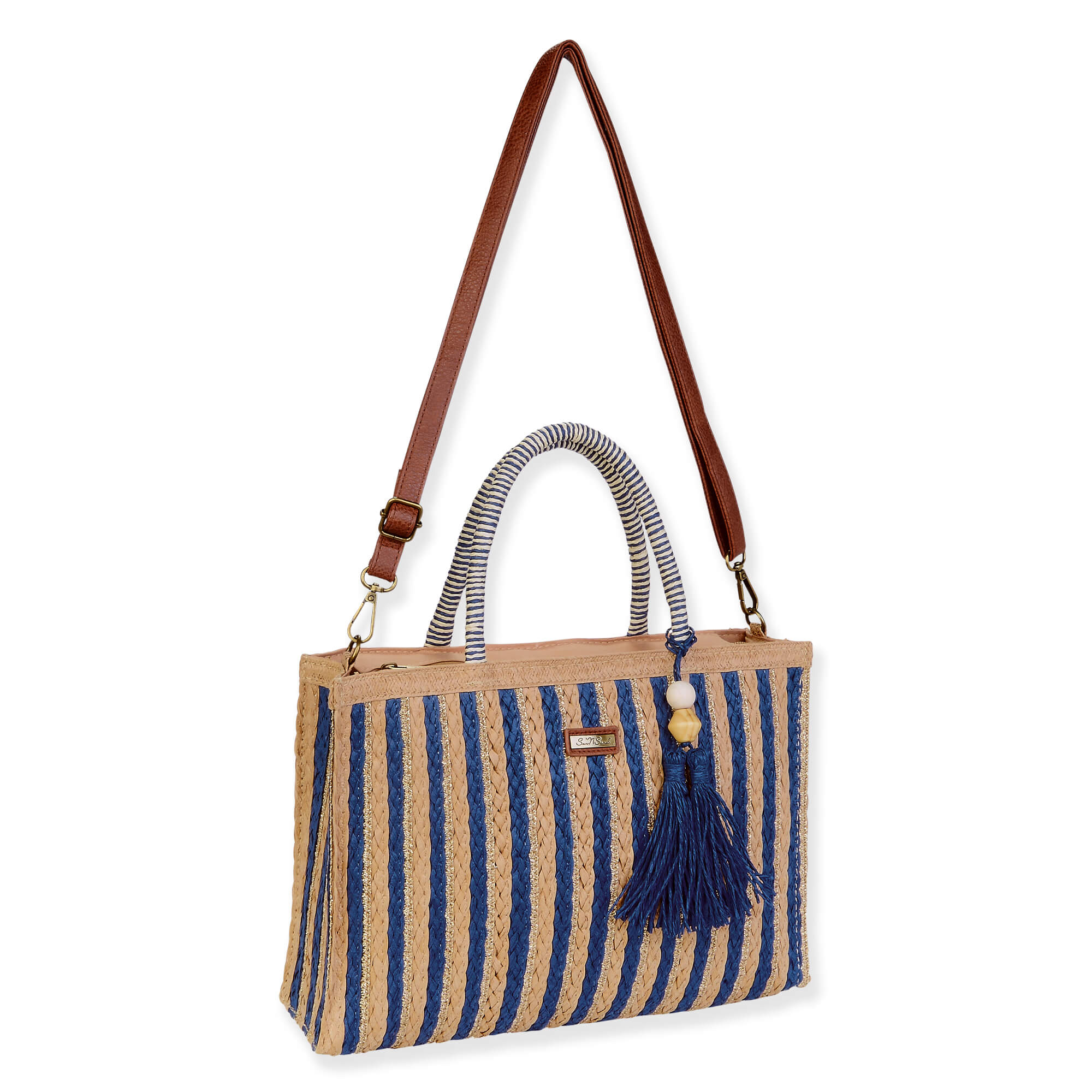 Blue, Paper Straw Shoulder Tote | CE6682 B | Natural Straw