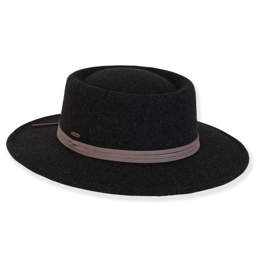 Adora Women's Wool Felt Gambler Faux Leather Trim Hat
