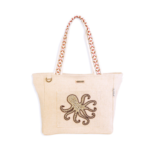 SUN SEA USED CAPリメイクトートバッグ Octopus, Shoulder Tote Beaded Sealife | SNS6700 B | Canvas Casual Bags