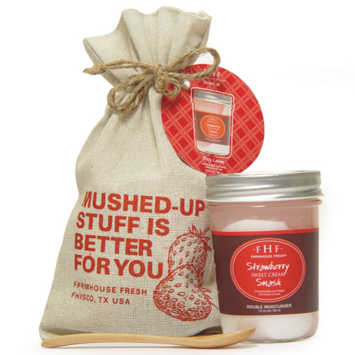 Strawberry Smash Double Moisturizer
7 oz. glass jar Includes jute tote and wooden spoon 
