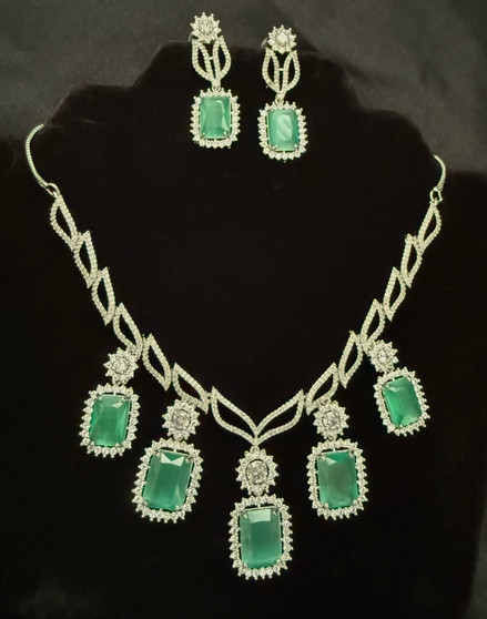 Arushi - CZ & American Diamond Necklace Set - Aqua  Blue & White
