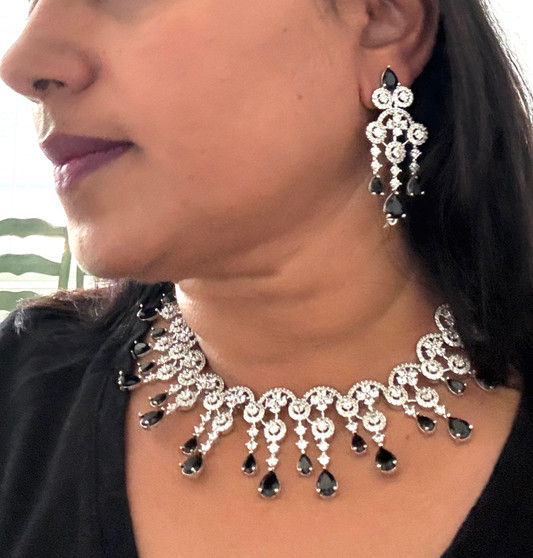 Swara - CZ & American Diamond Necklace Set - Black & White