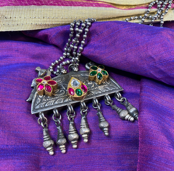 92.5 Silver Fusion Kemp Stone Necklace - Ruby, White & Emerald