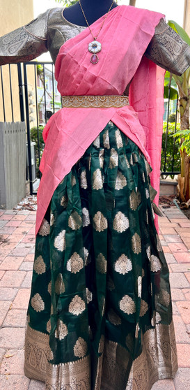 Thilaka - Pavadai Thavani Set - Dark Green & Louts Pink