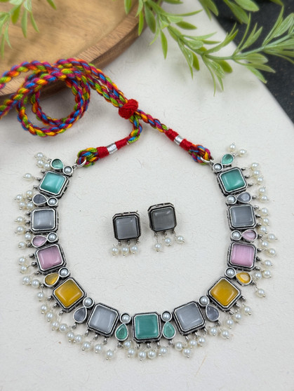 Adhira - Silver Look Alike Oxidized Silver Necklace set