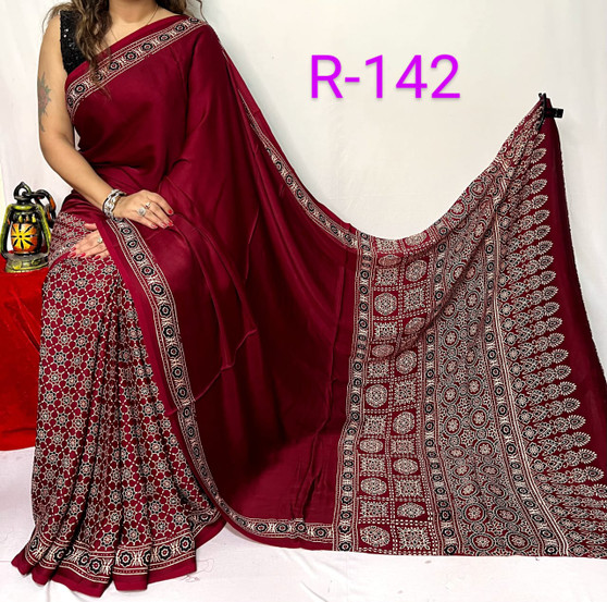 Gamini -  Ajrakh Hand Block Printed Modal Silk Saree