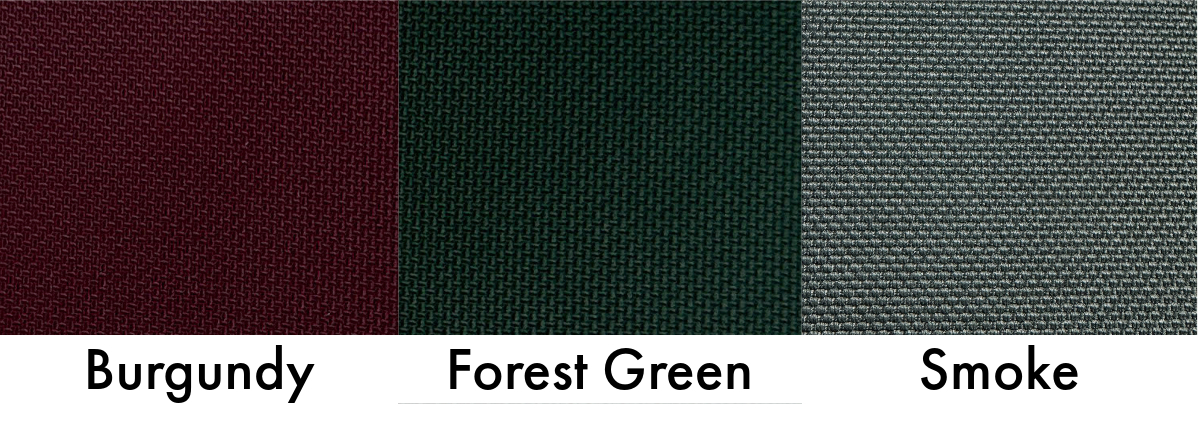 photo of color swatches for Ballistic Smooth Nylon fabric, labeled Burgundy, Forest Green, Smoke