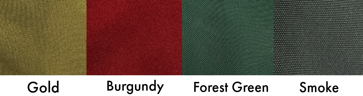 photo of color swatches for Cordura Textured Nylon fabric, labeled Gold, Burgundy, Forest Green, Smoke