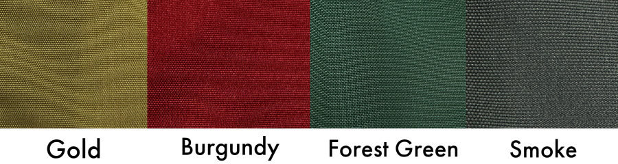 Fabric swatches showing different color options for Cordura Textured Nylon fabric, text on image reads Gold, Burgundy, Forest Green, Smoke