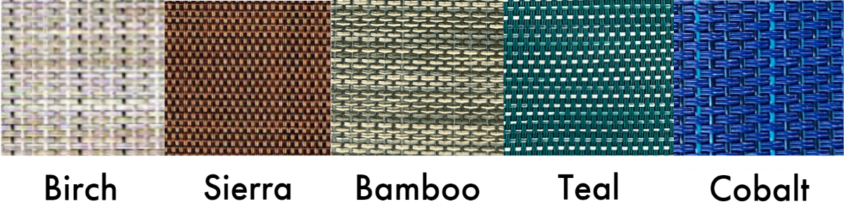 Fabric swatch color options for Textilene (Outdoor Mesh) fabric – Birch, Sierra, Bamboo, Teal and Cobalt