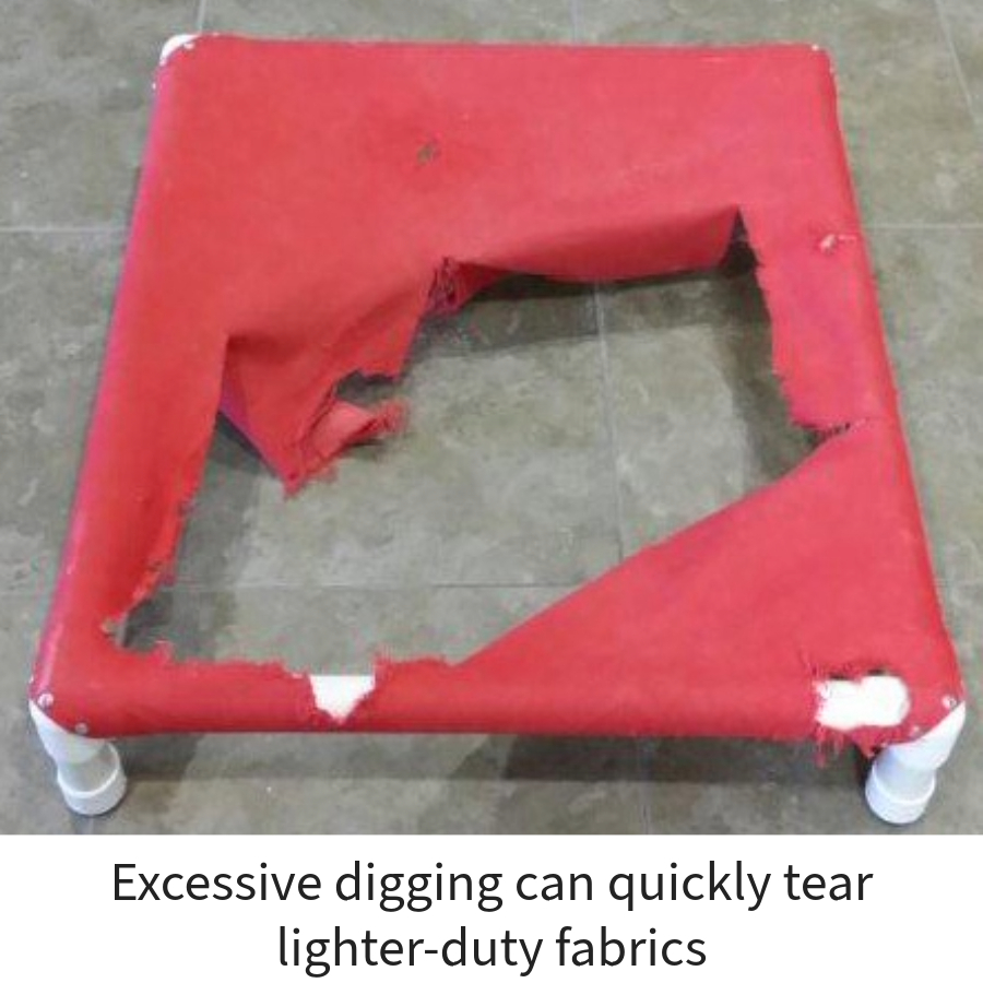 DIY raised dog bed with torn red fabric, text on image reads “Excessive digging can quickly tear lighter-duty fabrics”