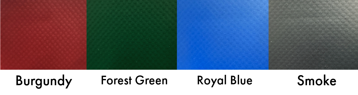 Images of fabric swatches for Heavy Duty Vinyl fabric colors – Burgundy, Forest Green, Royal Blue, Smoke