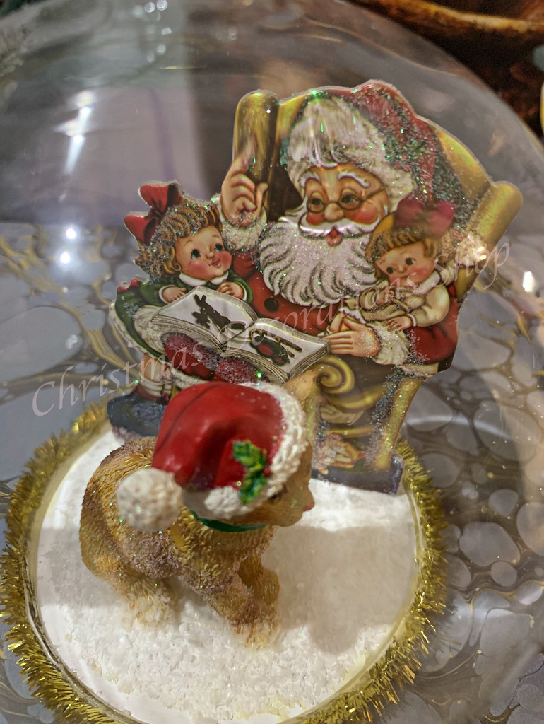 Christmas Glass Cat And Santa Dome Tree Ornament 