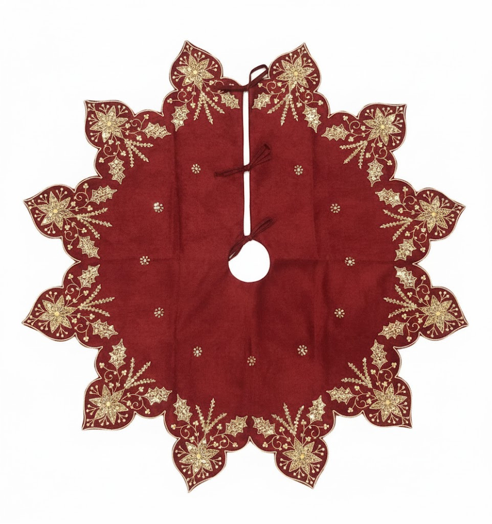 FABR.SEQ.POINS.SNOWFL.TREE SKIRT BURG/GLD 112CM