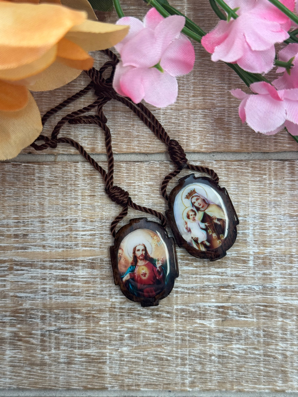 Large Wood Oval Sacred Heart of Jesus and Our Lady of Mount Carmel Scapular