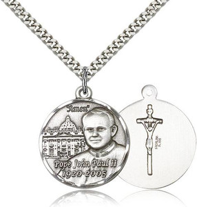 Sterling Silver Pope John Paul II Pendant, Stainless Silver Heavy Curb Chain, 1" x 7/8" Sterling Silver Pope John Paul II Pendant, Stainless Silver Heavy Curb Chain, 1" x 7/8"