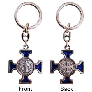 Blue Enamel Saint Benedict Cross Keychain