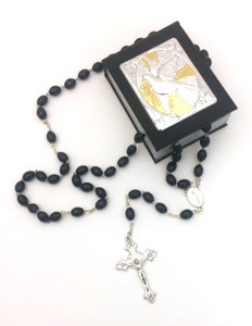 Confirmation Holy Spirit Silver Plated Box with Black Wood Bead Rosary