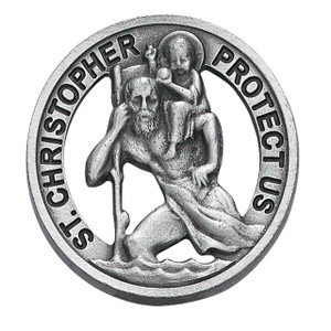 Round Saint Christopher Cut-Out Pewter Visor Clip Round Saint Christopher Cut-Out Pewter Visor Clip