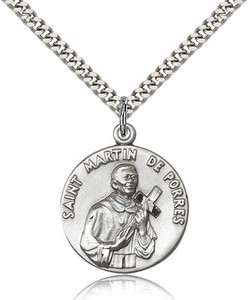 Sterling Silver St. Martin de Porres Pendant, Stainless Silver Heavy Curb Chain, 1" x 7/8" Sterling Silver St. Martin de Porres Pendant, Stainless Silver Heavy Curb Chain, 1" x 7/8"