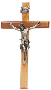8" Beveled Edge Olive Wood Crucifix, 3.5" Antique Pewter Finish Corpus 8" Beveled Edge Olive Wood Crucifix, 3.5" Antique Pewter Finish Corpus