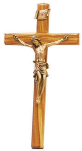 10" Beveled Edge Olive Wood Crucifix, Antique Gold Finish Corpus 10" Beveled Edge Olive Wood Crucifix, Antique Gold Finish Corpus