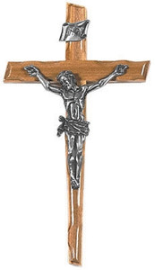 8" Notched Edge Olive Wood Crucifix, 3.5" Antique Pewter Finish