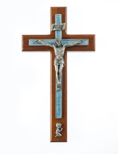 8" Cherry Baby Boy Crucifix with Blue Pearlized Epoxy, Antique Pewter Corpus 8" Cherry Baby Boy Crucifix with Blue Pearlized Epoxy, Antique Pewter Corpus