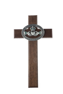 10" Walnut Wood Cross with Celtic Claddagh Depicting Love, Friendship, Loyalty Antique Pewter Finish With Emerald Green Stones 10" Walnut Wood Cross with Celtic Claddagh Depicting Love, Friendship, Loyalty Antique Pewter Finish With Emerald Green Stones