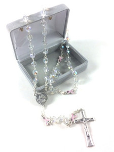 Saint Peregrine Caner Awareness (Pink Ribbon) Crystal Bead Rosary 26-927