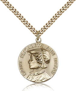 Gold Filled St. Ann Pendant, Stainless Gold Heavy Curb Chain, 1" x 7/8" Gold Filled St. Ann Pendant, Stainless Gold Heavy Curb Chain, 1" x 7/8"