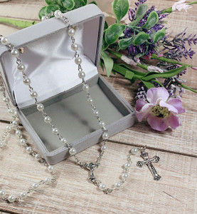 First Communion White Bead Silver Plated Crucifix Rosary