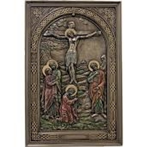 Crucifixion plaque in lightly hand-painted cold cast bronze 6x9" Crucifixion plaque in lightly hand-painted cold cast bronze 6x9"