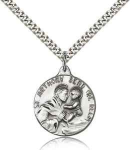 Sterling Silver St. Anthony Pendant, Stainless Silver Heavy Curb Chain, 7/8" x 3/4" Sterling Silver St. Anthony Pendant, Stainless Silver Heavy Curb Chain, 7/8" x 3/4"