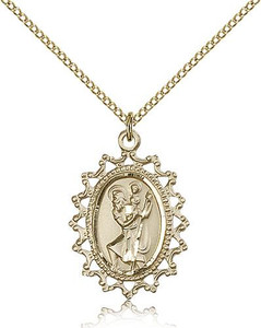 Gold Filled St. Christopher Pendant, Gold Filled Lite Curb Chain, 1" x 3/4" Gold Filled St. Christopher Pendant, Gold Filled Lite Curb Chain, 1" x 3/4"
