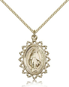 Gold Filled Miraculous Pendant, Gold Filled Lite Curb Chain, 1" x 3/4" Gold Filled Miraculous Pendant, Gold Filled Lite Curb Chain, 1" x 3/4"