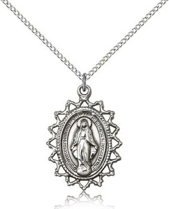 Sterling Silver Miraculous Pendant, Lite Curb Chain, 1" x 3/4" Sterling Silver Miraculous Pendant, Lite Curb Chain, 1" x 3/4"