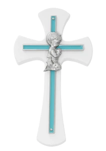 7" Blue Boy Wall Cross on White Wood 73-77