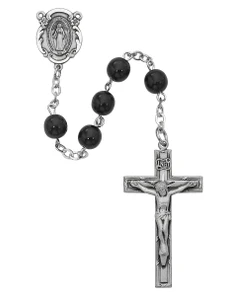 7mm Black Glass Rosary with Sterling Silver Crucifix and Center