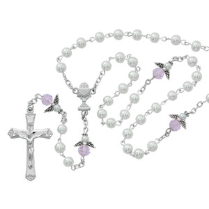 5mm White Pearl Rosary with Pink Angel Our Father Beads R553SW