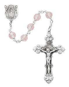 Rhodium 7mm Pink Tin-Cut Bead Rosary R479RF