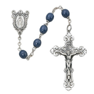 7mm Blue Glass Rosary with Sterling Silver Crucifix and Center 487LF