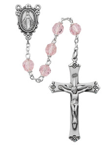 7mm Pink Tin-Cut Bead Rosary with Sterling Silver Crucifix and Center