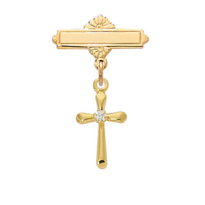 Gold over Sterling Silver Cross Baby Pin with Crystal Stone 455J