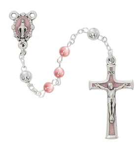 4mm Pink Pearl Baby Rosary with Deluxe Box R971G