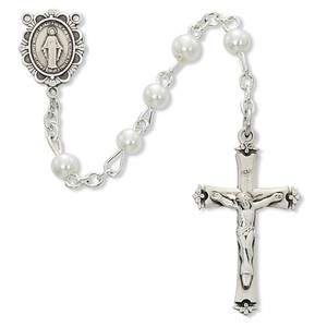 5mm White Pearl First Communion Rosary with Sterling Silver Crucifix and Center C18LW