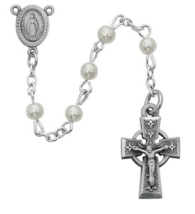 5mm Pearl Rosary with Pewter Celtic Crucifix R320DG