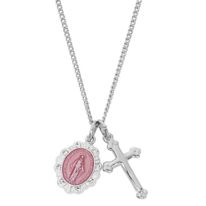 Sterling Silver Budded Cross and Pink Miraculous Medal Set on 16-18" Chain LD107